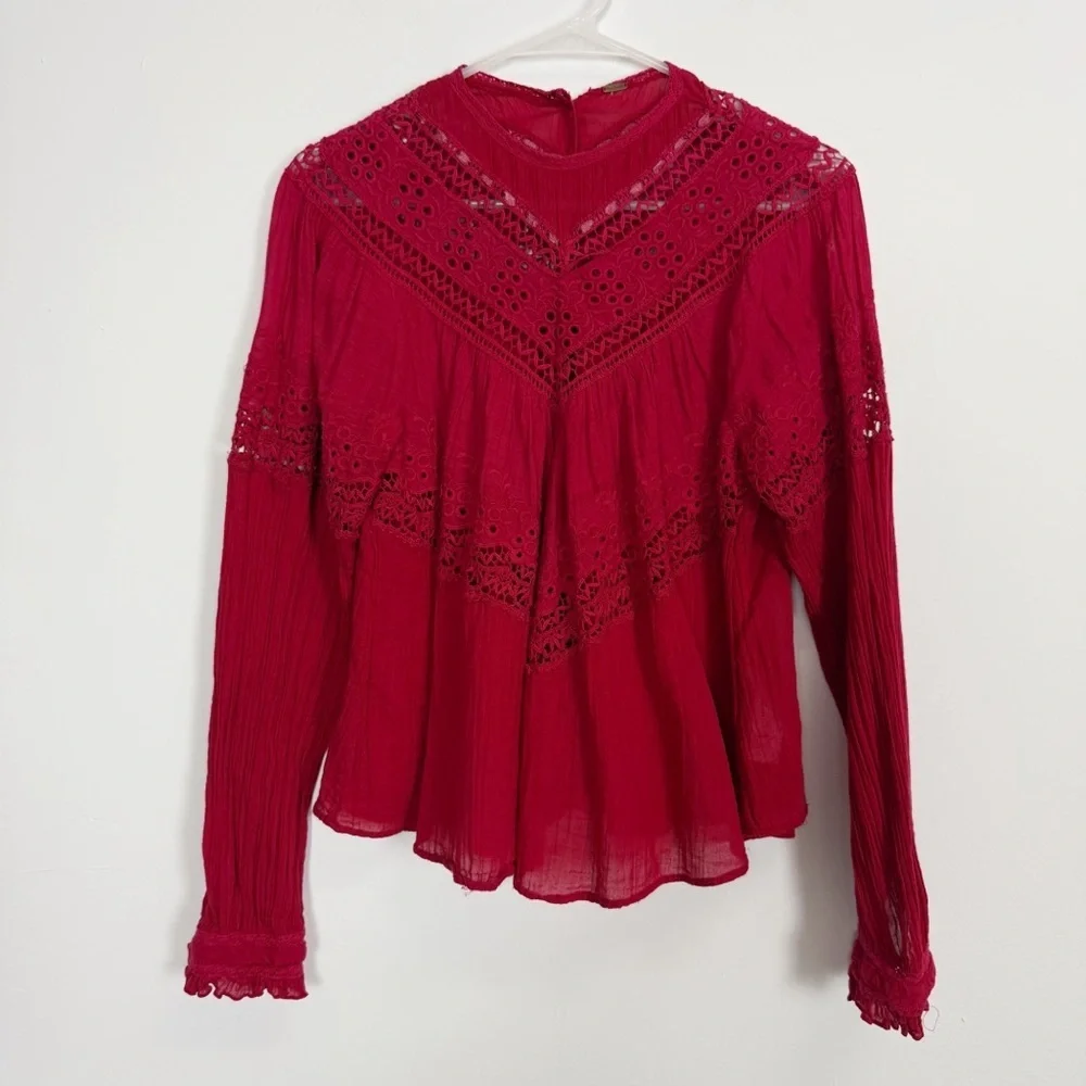 Free People Abigail Top Womens Size XS Red Eyelet Victorian Shirt Back Button